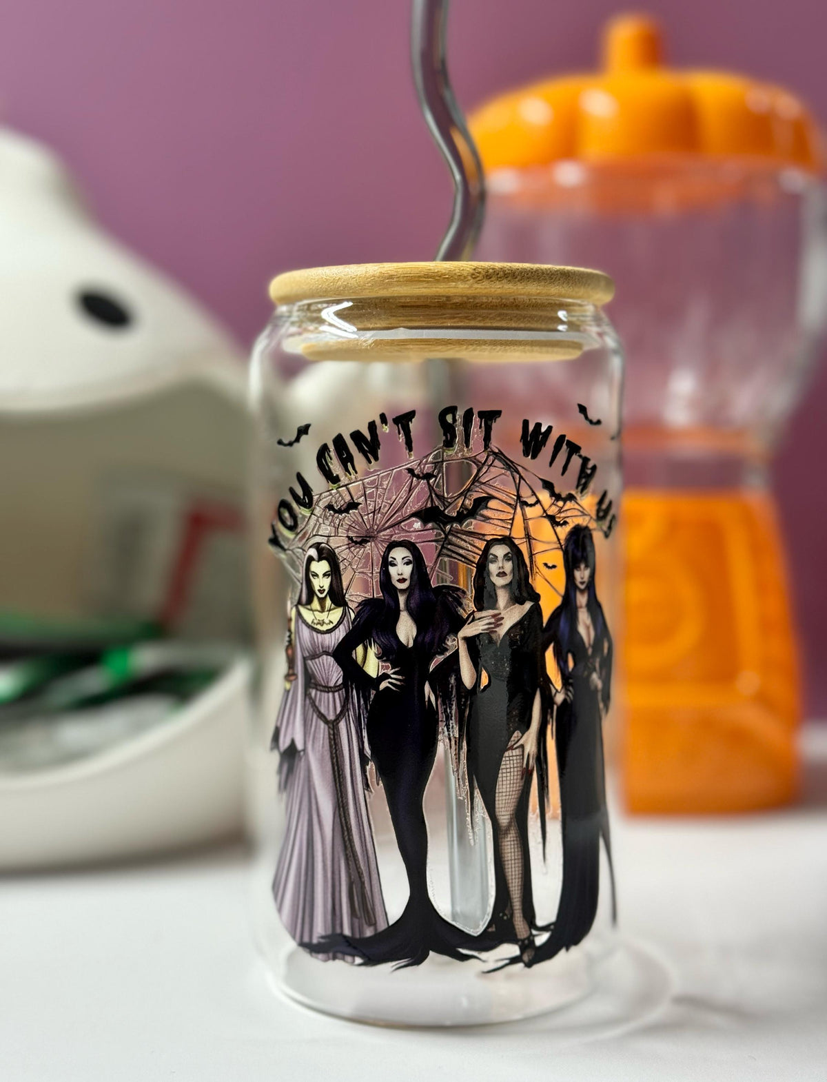 Halloween Horror Ladies Glass Cup: Bride of Frankenstein, Morticia, Elvira