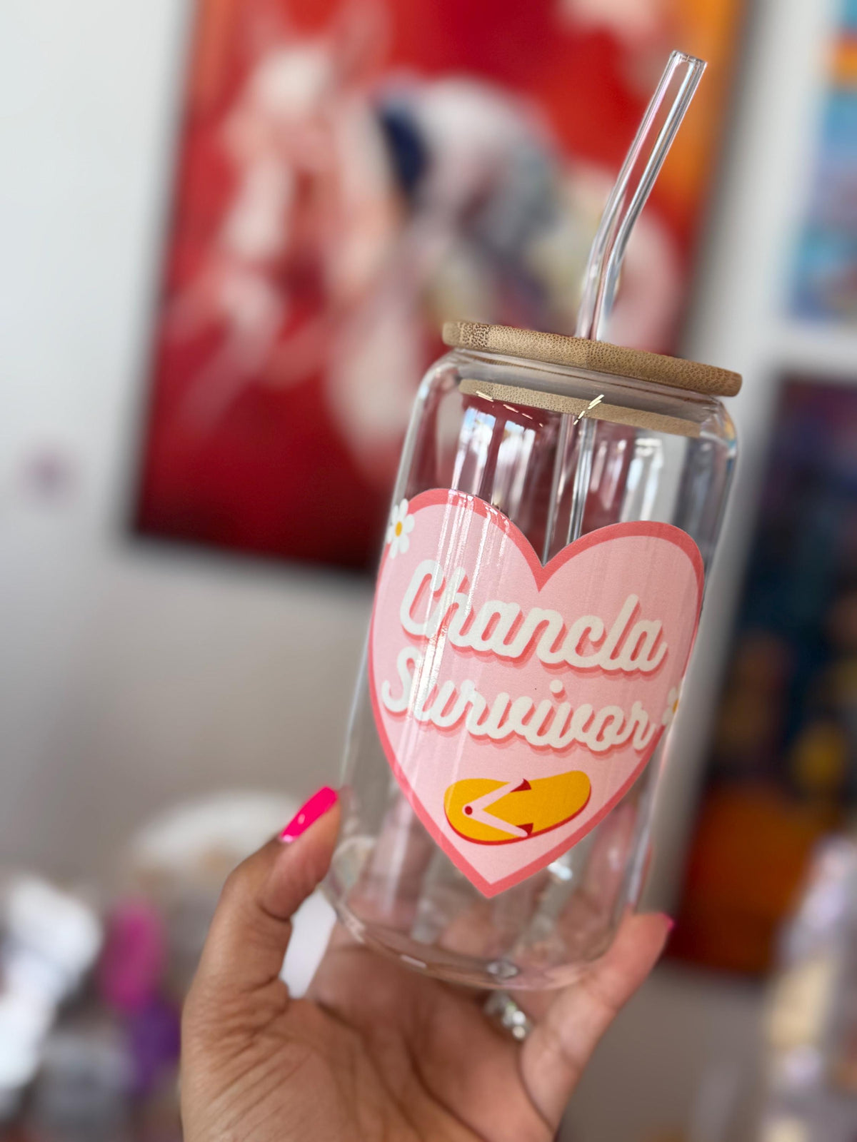 Chancla Survivor Glass Cup: Latinx Humor Iced Coffee Cup