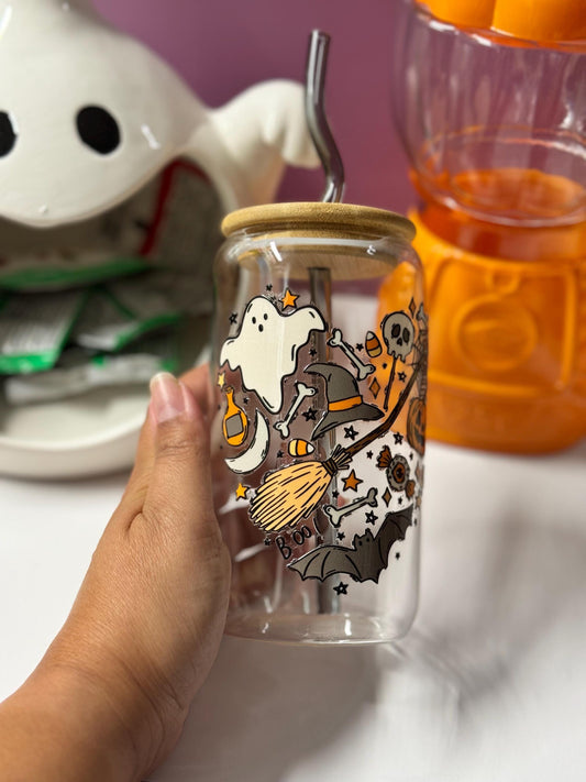 Halloween Iced Coffee Cup: Spooky Hearts Design, Bamboo Lid & Straw