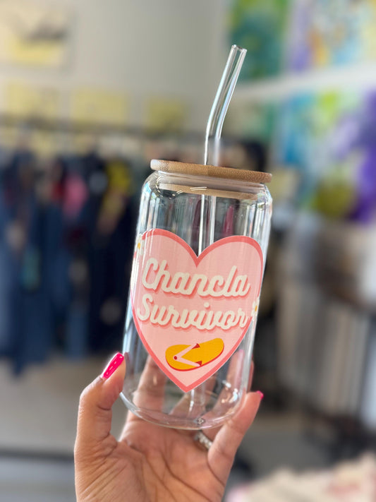 Chancla Survivor Glass Cup: Latinx Humor Iced Coffee Cup