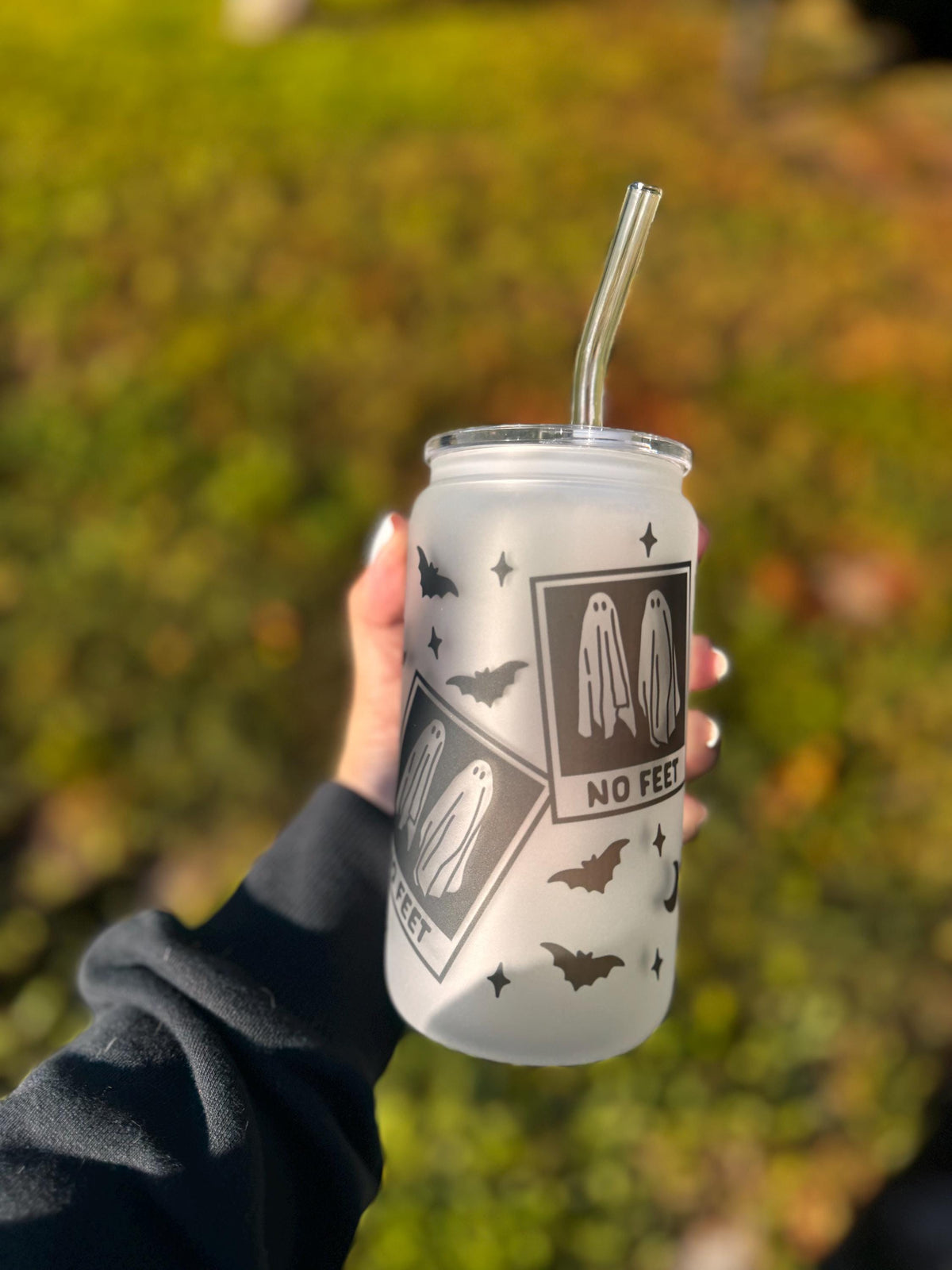 No Feet Ghost Frosted Glass Can Cup – 16oz with Lid & Straw