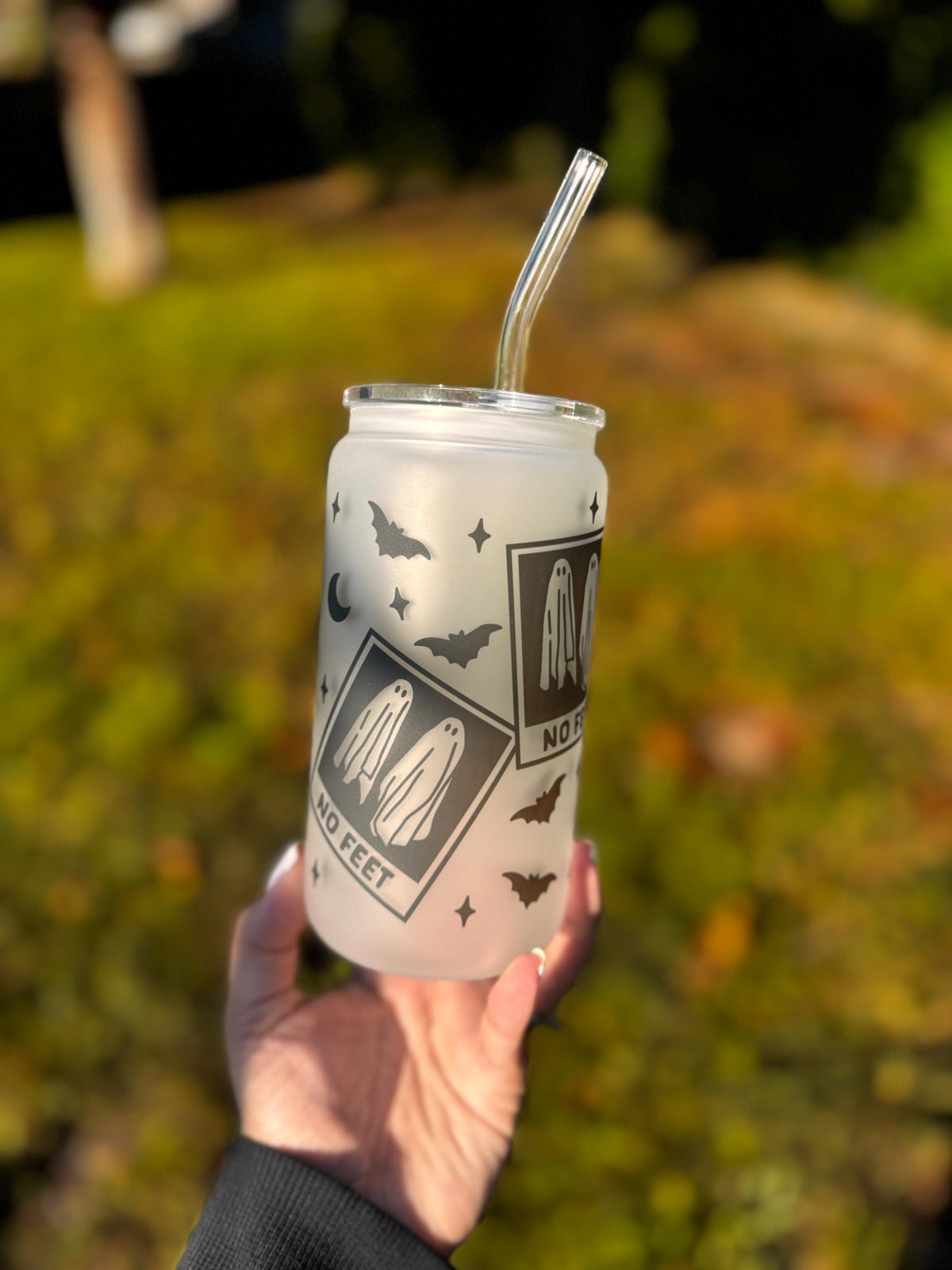 No Feet Ghost Frosted Glass Can Cup – 16oz with Lid & Straw