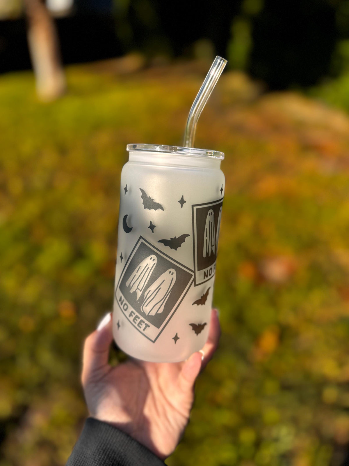 No Feet Ghost Frosted Glass Can Cup – 16oz with Lid & Straw