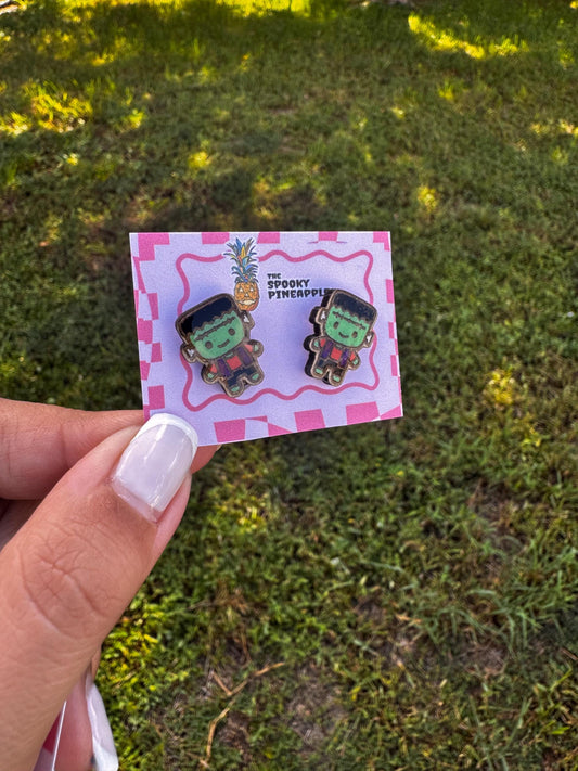 Retro Frankenstein Earrings | Spooky Monster Jewelry | Halloween Hand Painted Earrings