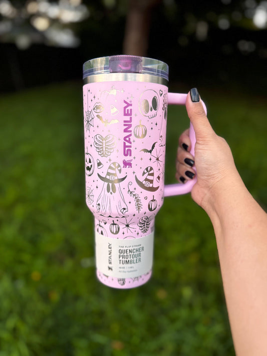 Spooky Halloween Engraved Stanley Tumbler | Pink 40oz Quencher Cup | Laser Engraved Witch Hat | Skull | Pumpkin | Bats | Flip Straw