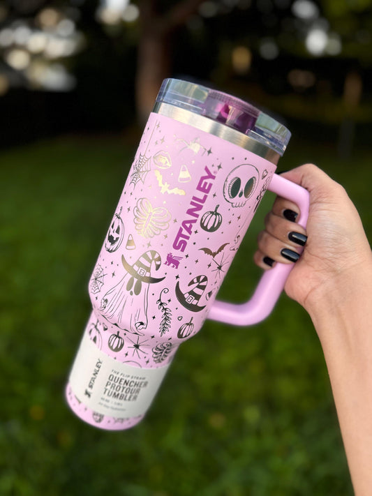 Spooky Halloween Engraved Stanley Tumbler | Pink 40oz Quencher Cup | Laser Engraved Witch Hat | Skull | Pumpkin | Bats | Flip Straw